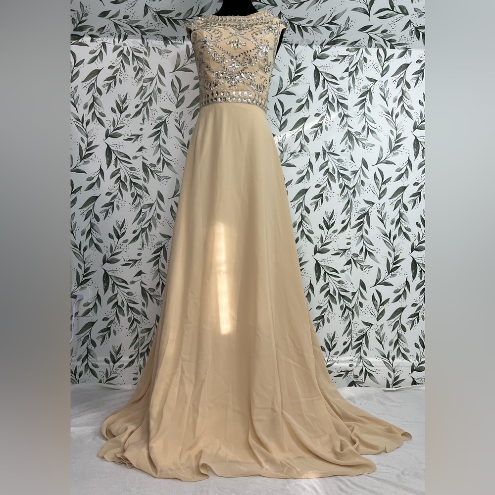 Stunning‎ Boutique Beaded A-Line beige Maxi Dress Gown Prom Formal Sz XS (2) #8